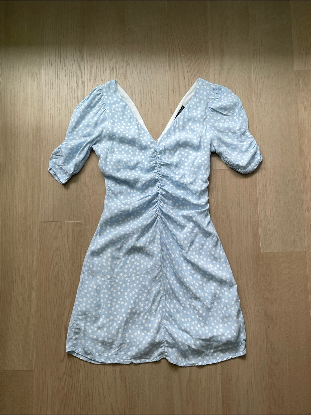 Zara Light Blue Polka Dot Ruched V-Neck Mini Dress